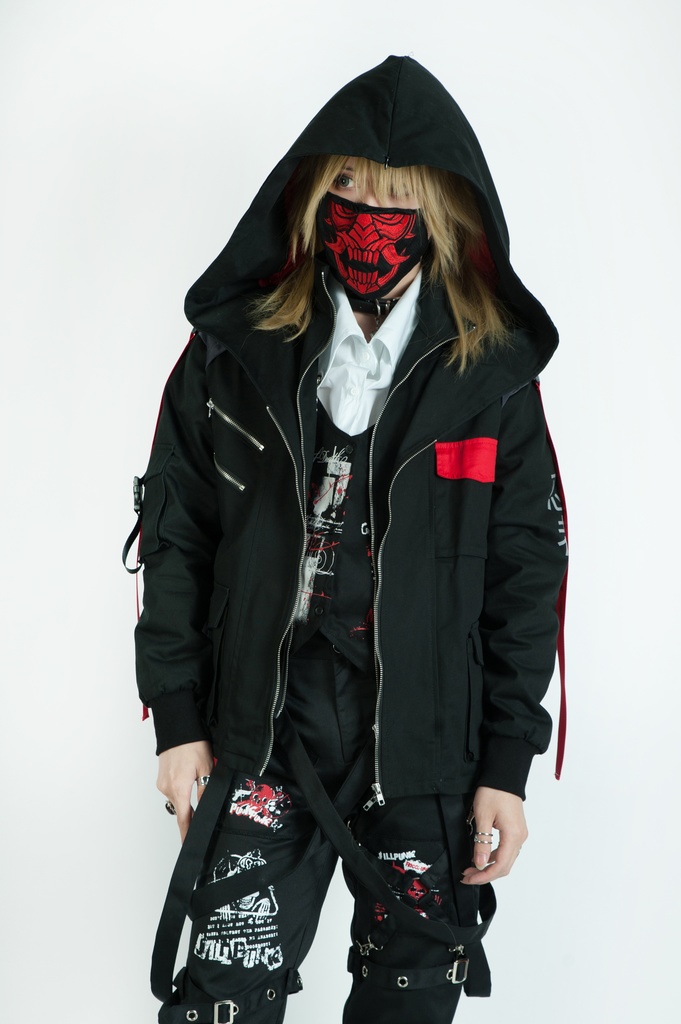 Jillpunkアニメ 二次コン イギリス画師Helloclonionコラボ 夜叉忍者 呪符ストラップ 重ね風 キルティング 刺繡 マスク付き パネルパーカー チャック付きフード ジャケット オリジナルメンズ レディーズ おしゃれ男女兼用 兄系 カッコいい0