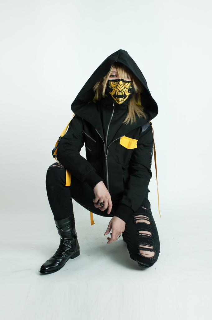 Jillpunkアニメ 二次コン イギリス画師Helloclonionコラボ 夜叉忍者 呪符ストラップ 重ね風 キルティング 刺繡 マスク付き パネルパーカー チャック付きフード ジャケット オリジナルメンズ レディーズ おしゃれ男女兼用 兄系 カッコいい0