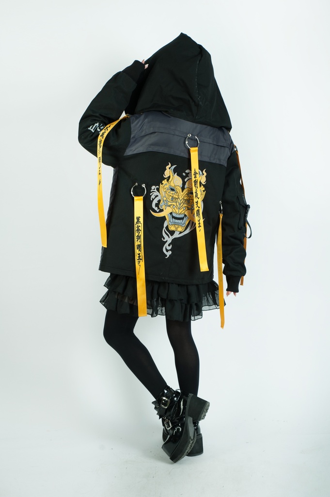 Jillpunkアニメ 二次コン イギリス画師Helloclonionコラボ 夜叉忍者 呪符ストラップ 重ね風 キルティング 刺繡 マスク付き パネルパーカー チャック付きフード ジャケット オリジナルメンズ レディーズ おしゃれ男女兼用 兄系 カッコいい0