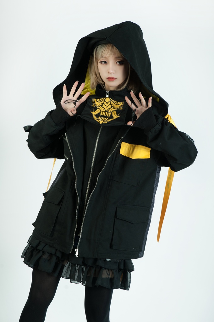 Jillpunkアニメ 二次コン イギリス画師Helloclonionコラボ 夜叉忍者 呪符ストラップ 重ね風 キルティング 刺繡 マスク付き パネルパーカー チャック付きフード ジャケット オリジナルメンズ レディーズ おしゃれ男女兼用 兄系 カッコいい0