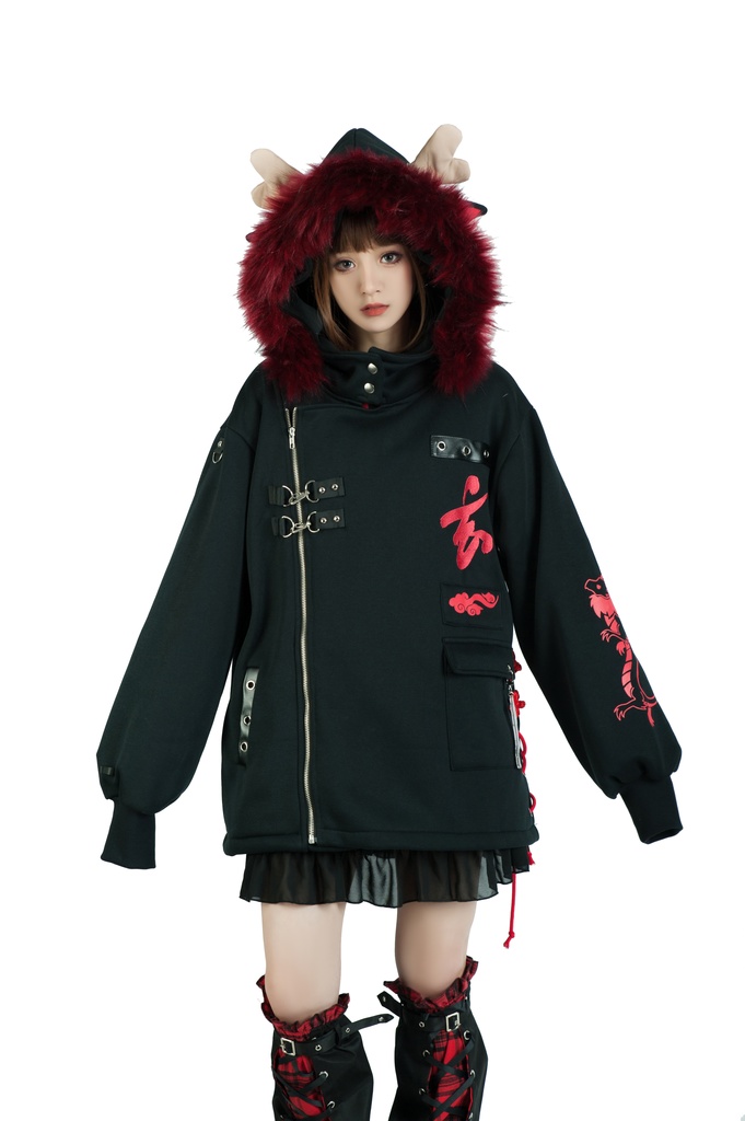 Jillpunk芝麻コラボ 中華風 チャイナモード 東方神獣 龍神王 龍角 クラスプ留め具 ゆったりパーカー 裏起毛 フード付きジャケット オリジナルメンズ レディーズ カジュアル おしゃれ大きいサイズ男女兼用カッコいい 兄系