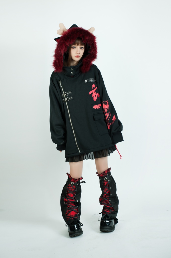 Jillpunk芝麻コラボ 中華風 チャイナモード 東方神獣 龍神王 龍角 クラスプ留め具 ゆったりパーカー 裏起毛 フード付きジャケット オリジナルメンズ レディーズ カジュアル おしゃれ大きいサイズ男女兼用カッコいい 兄系