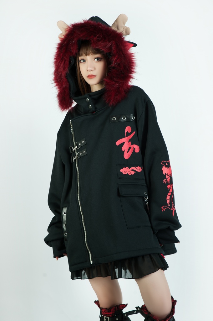 Jillpunk芝麻コラボ 中華風 チャイナモード 東方神獣 龍神王 龍角 クラスプ留め具 ゆったりパーカー 裏起毛 フード付きジャケット オリジナルメンズ レディーズ カジュアル おしゃれ大きいサイズ男女兼用カッコいい 兄系