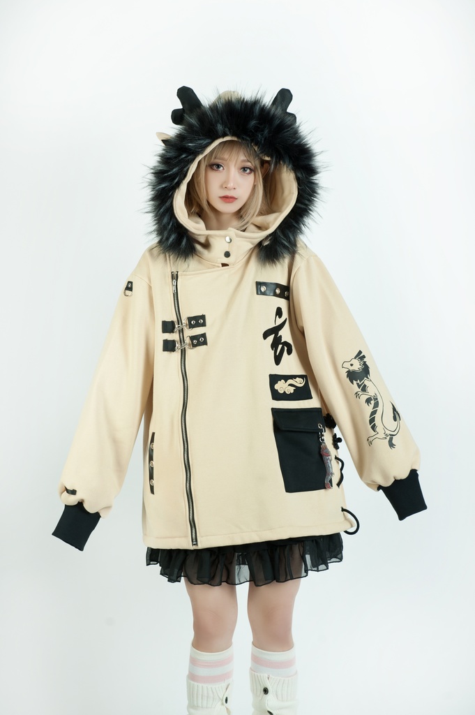 Jillpunk芝麻コラボ 中華風 チャイナモード 東方神獣 龍神王 龍角 クラスプ留め具 ゆったりパーカー 裏起毛 フード付きジャケット オリジナルメンズ レディーズ カジュアル おしゃれ大きいサイズ男女兼用カッコいい 兄系