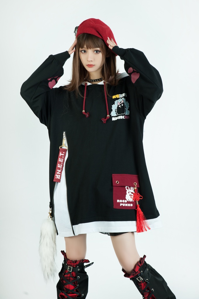 Jillpunk芝麻コラボ 中華風 チャイナモード 白面九尾狐X自宅警備員コラボ 狐耳 吉祥結びタッセル しっぽアクセサリー ゆったり 長袖パーカー フード付きトレーナー オリジナルメンズ レディーズ カジュアル おしゃれ大きいサイズ男女兼用可愛い秋葉系