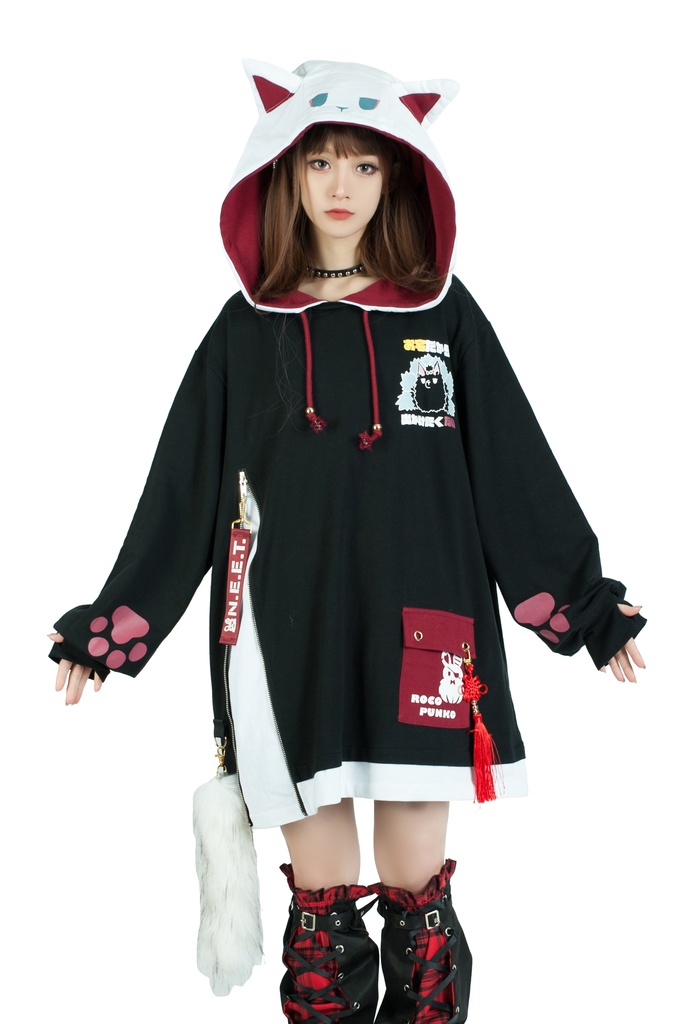 Jillpunk芝麻コラボ 中華風 チャイナモード 白面九尾狐X自宅警備員コラボ 狐耳 吉祥結びタッセル しっぽアクセサリー ゆったり 長袖パーカー フード付きトレーナー オリジナルメンズ レディーズ カジュアル おしゃれ大きいサイズ男女兼用可愛い秋葉系
