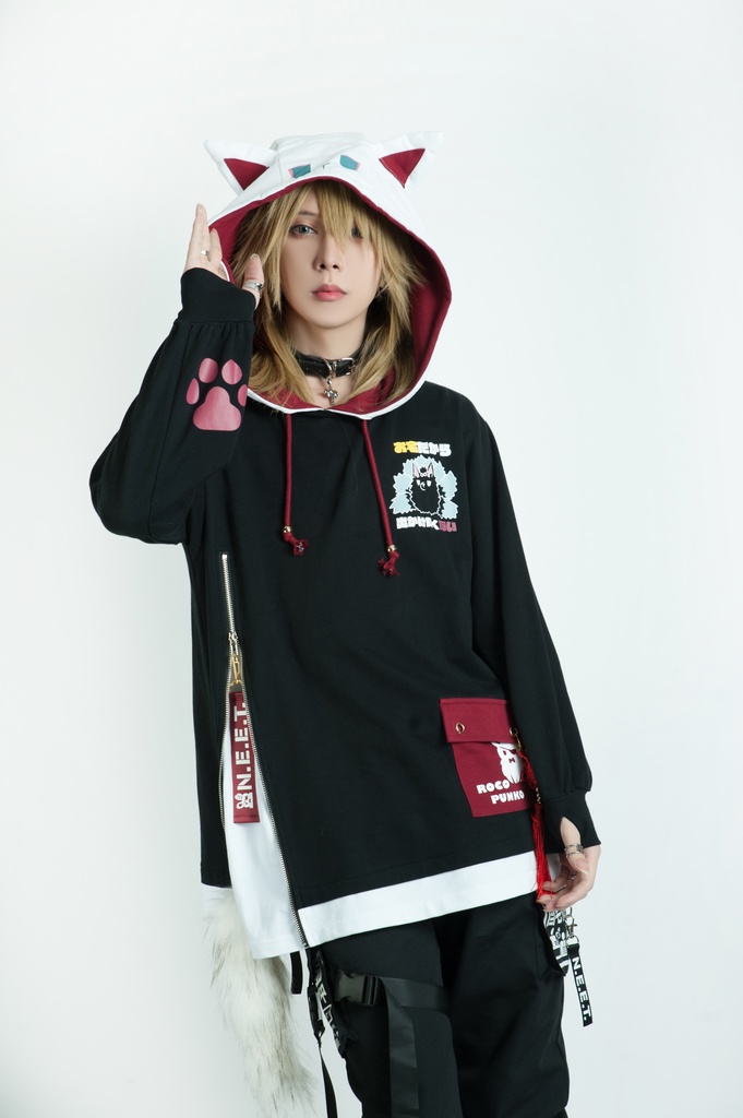 Jillpunk芝麻コラボ 中華風 チャイナモード 白面九尾狐X自宅警備員コラボ 狐耳 吉祥結びタッセル しっぽアクセサリー ゆったり 長袖パーカー フード付きトレーナー オリジナルメンズ レディーズ カジュアル おしゃれ大きいサイズ男女兼用可愛い秋葉系