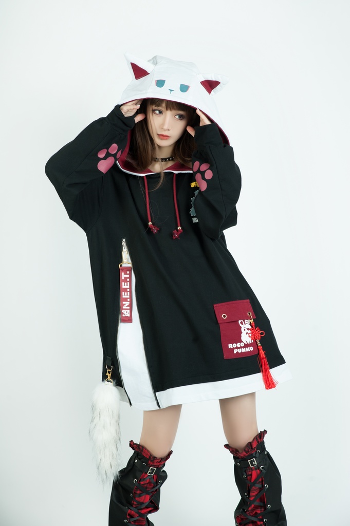 Jillpunk芝麻コラボ 中華風 チャイナモード 白面九尾狐X自宅警備員コラボ 狐耳 吉祥結びタッセル しっぽアクセサリー ゆったり 長袖パーカー フード付きトレーナー オリジナルメンズ レディーズ カジュアル おしゃれ大きいサイズ男女兼用可愛い秋葉系