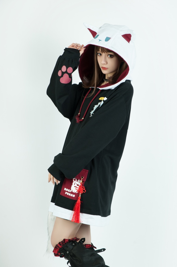 Jillpunk芝麻コラボ 中華風 チャイナモード 白面九尾狐X自宅警備員コラボ 狐耳 吉祥結びタッセル しっぽアクセサリー ゆったり 長袖パーカー フード付きトレーナー オリジナルメンズ レディーズ カジュアル おしゃれ大きいサイズ男女兼用可愛い秋葉系