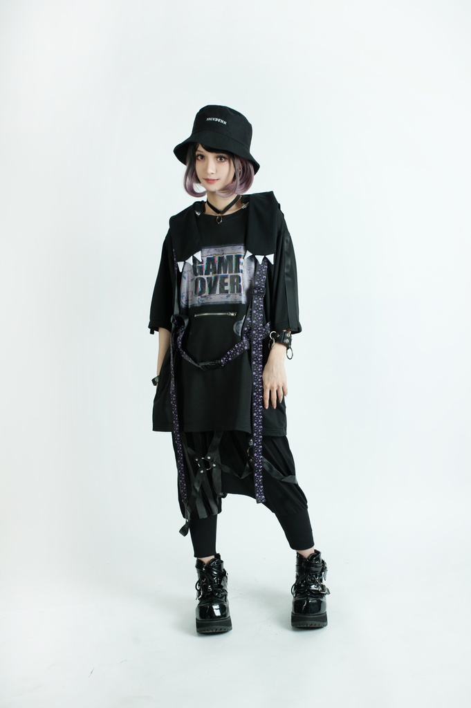 Jillpunkてぃらtiraコラボ第2弾 王道RPG大冒険 ドット絵 ゲーム機モチーフ ハーネス装着帯 フード取り外し2WAY 熊耳 半袖 ゆったりパーカー メンズ レディー 可愛い おしゃれ 男女兼用ファッション秋葉系萌え二次コン