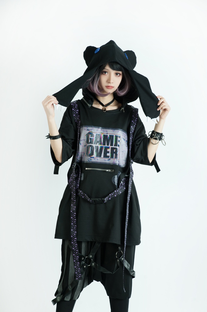 Jillpunkてぃらtiraコラボ第2弾 王道RPG大冒険 ドット絵 ゲーム機モチーフ ハーネス装着帯 フード取り外し2WAY 熊耳 半袖 ゆったりパーカー メンズ レディー 可愛い おしゃれ 男女兼用ファッション秋葉系萌え二次コン