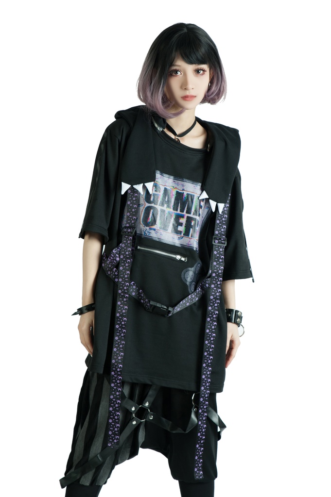 Jillpunkてぃらtiraコラボ第2弾 王道RPG大冒険 ドット絵 ゲーム機モチーフ ハーネス装着帯 フード取り外し2WAY 熊耳 半袖 ゆったりパーカー メンズ レディー 可愛い おしゃれ 男女兼用ファッション秋葉系萌え二次コン