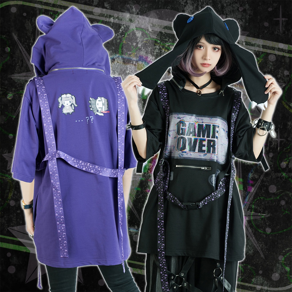 Jillpunkてぃらtiraコラボ第2弾 王道RPG大冒険 ドット絵 ゲーム機モチーフ ハーネス装着帯 フード取り外し2WAY 熊耳 半袖 ゆったりパーカー メンズ レディー 可愛い おしゃれ 男女兼用ファッション秋葉系萌え二次コン