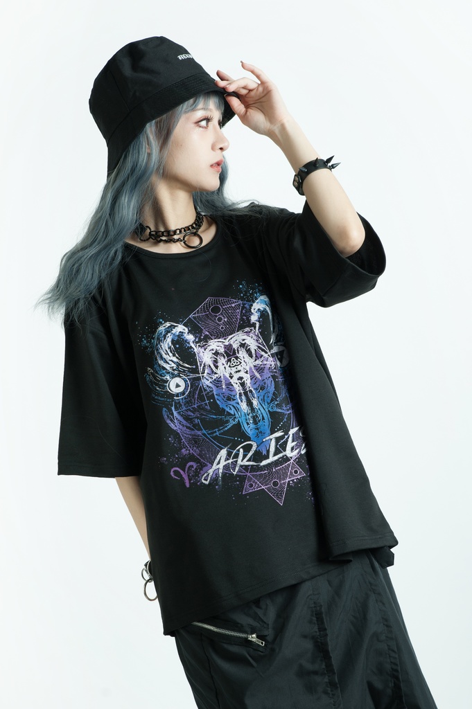 Jillpunkパンクロック 火炎の宿曜 おひつじ牡羊座プリント ゆったり半袖 Tシャツ Oversizeオーバーサイズ オリジナル カッコいいメンズ レディー V系 おしゃれ大きいサイズ男女兼用ファッション