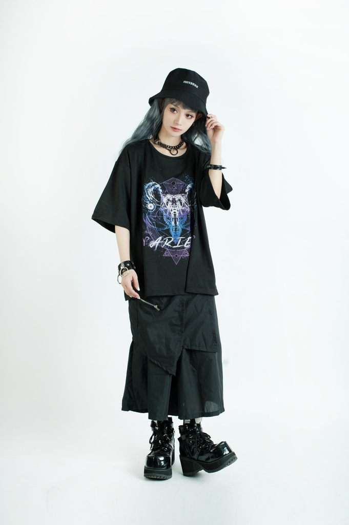 Jillpunkパンクロック 火炎の宿曜 おひつじ牡羊座プリント ゆったり半袖 Tシャツ Oversizeオーバーサイズ オリジナル カッコいいメンズ レディー V系 おしゃれ大きいサイズ男女兼用ファッション