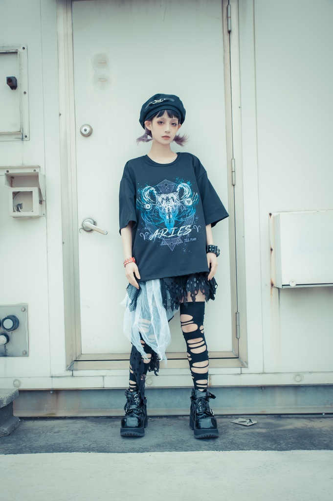 Jillpunkパンクロック 火炎の宿曜 おひつじ牡羊座プリント ゆったり半袖 Tシャツ Oversizeオーバーサイズ オリジナル カッコいいメンズ レディー V系 おしゃれ大きいサイズ男女兼用ファッション