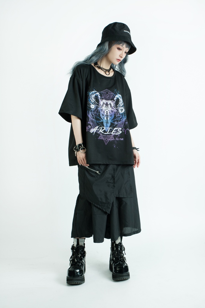 Jillpunkパンクロック 火炎の宿曜 おひつじ牡羊座プリント ゆったり半袖 Tシャツ Oversizeオーバーサイズ オリジナル カッコいいメンズ レディー V系 おしゃれ大きいサイズ男女兼用ファッション