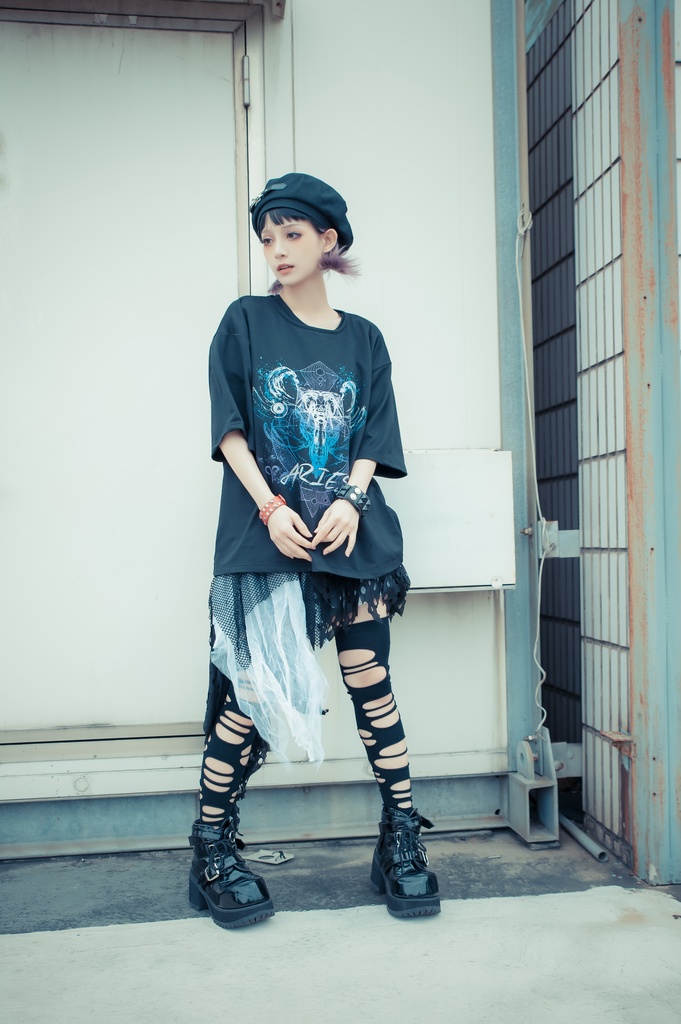 Jillpunkパンクロック 火炎の宿曜 おひつじ牡羊座プリント ゆったり半袖 Tシャツ Oversizeオーバーサイズ オリジナル カッコいいメンズ レディー V系 おしゃれ大きいサイズ男女兼用ファッション