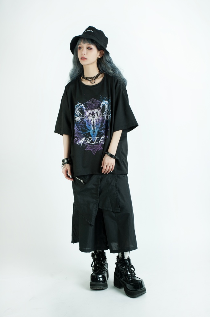 Jillpunkパンクロック 火炎の宿曜 おひつじ牡羊座プリント ゆったり半袖 Tシャツ Oversizeオーバーサイズ オリジナル カッコいいメンズ レディー V系 おしゃれ大きいサイズ男女兼用ファッション