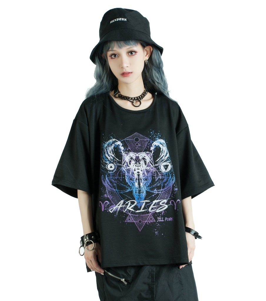 Jillpunkパンクロック 火炎の宿曜 おひつじ牡羊座プリント ゆったり半袖 Tシャツ Oversizeオーバーサイズ オリジナル カッコいいメンズ レディー V系 おしゃれ大きいサイズ男女兼用ファッション