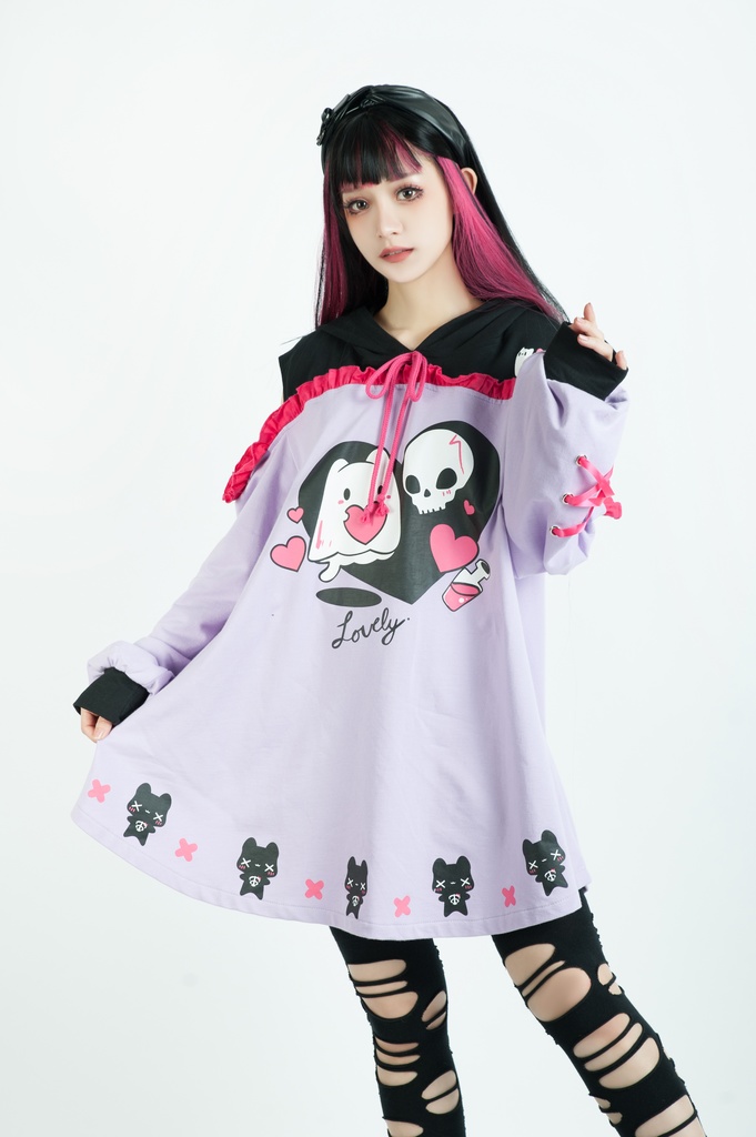 Jillpunkアニメ地雷系病みカワ UMAIコラボ 恋におちた幽霊猫 オフショルダー ゆったり 長袖パーカー リボン結び 猫耳 フード付き ワンピースドレス オリジナル メンヘラ ヤンデレ 可愛いロリータ おしゃれ男女兼用ファッション秋葉系萌え