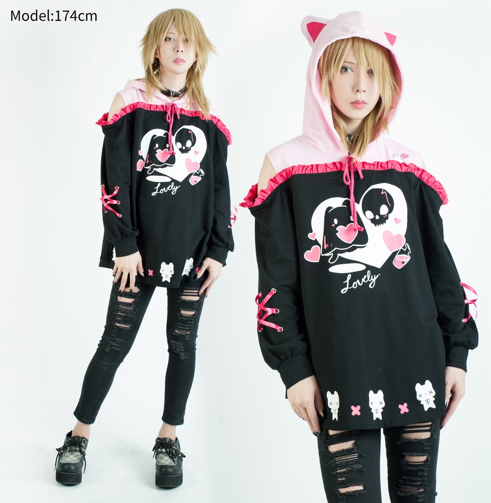 Jillpunkアニメ地雷系病みカワ UMAIコラボ 恋におちた幽霊猫 オフショルダー ゆったり 長袖パーカー リボン結び 猫耳 フード付き ワンピースドレス オリジナル メンヘラ ヤンデレ 可愛いロリータ おしゃれ男女兼用ファッション秋葉系萌え