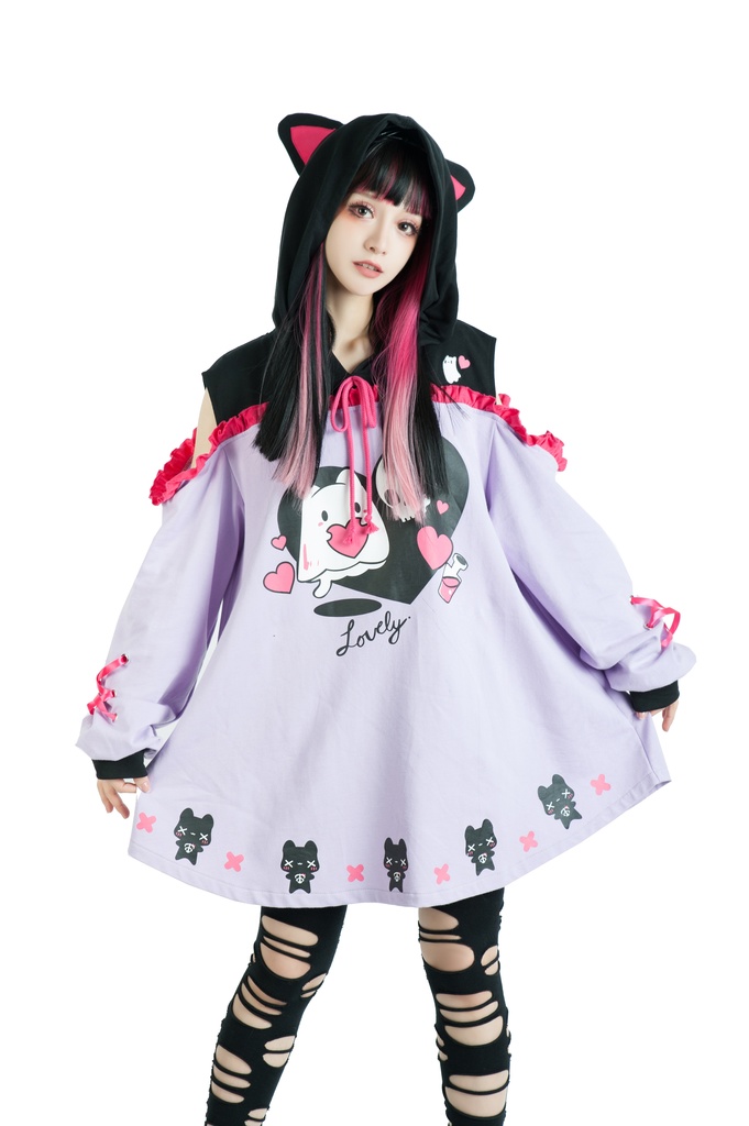 Jillpunkアニメ地雷系病みカワ UMAIコラボ 恋におちた幽霊猫 オフショルダー ゆったり 長袖パーカー リボン結び 猫耳 フード付き ワンピースドレス オリジナル メンヘラ ヤンデレ 可愛いロリータ おしゃれ男女兼用ファッション秋葉系萌え