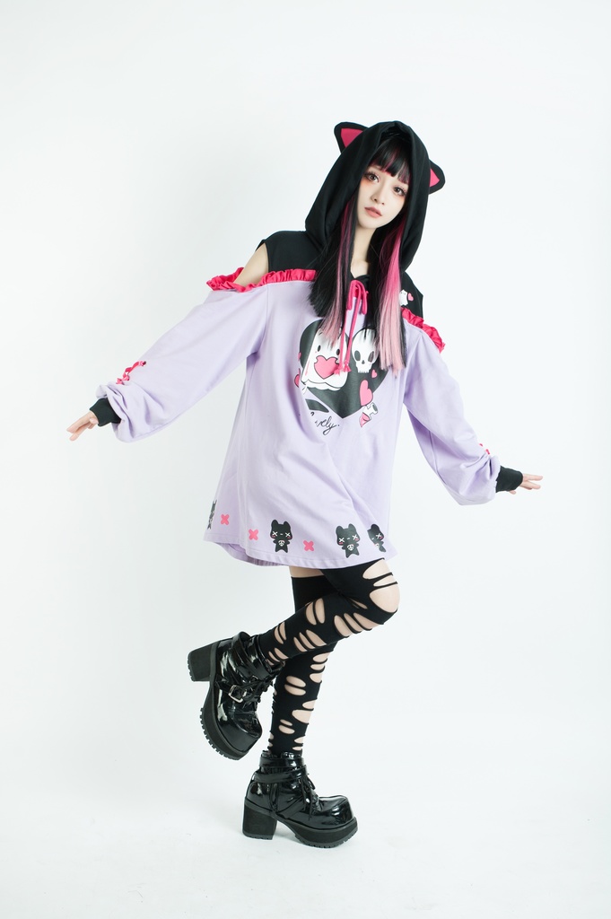 Jillpunkアニメ地雷系病みカワ UMAIコラボ 恋におちた幽霊猫 オフショルダー ゆったり 長袖パーカー リボン結び 猫耳 フード付き ワンピースドレス オリジナル メンヘラ ヤンデレ 可愛いロリータ おしゃれ男女兼用ファッション秋葉系萌え