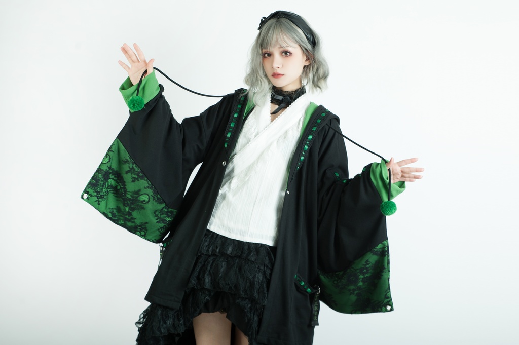 Jillpunk和風モード戦国武将物語 西国の智将 毛利元就 家紋刺繡 花レースキモノスリーブ ウィッチフード ポンポン付き現代羽織 ウィザード 和装ジャケットブレザー オリジナル メンズ レディー V系カッコいい おしゃれ男女兼用ファッション秋葉系