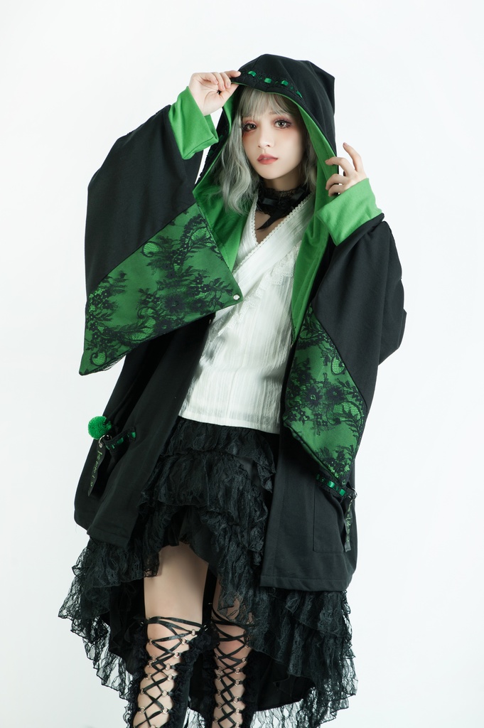 Jillpunk和風モード戦国武将物語 西国の智将 毛利元就 家紋刺繡 花レースキモノスリーブ ウィッチフード ポンポン付き現代羽織 ウィザード 和装ジャケットブレザー オリジナル メンズ レディー V系カッコいい おしゃれ男女兼用ファッション秋葉系