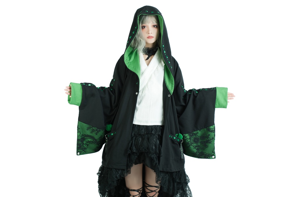 Jillpunk和風モード戦国武将物語 西国の智将 毛利元就 家紋刺繡 花レースキモノスリーブ ウィッチフード ポンポン付き現代羽織 ウィザード 和装ジャケットブレザー オリジナル メンズ レディー V系カッコいい おしゃれ男女兼用ファッション秋葉系