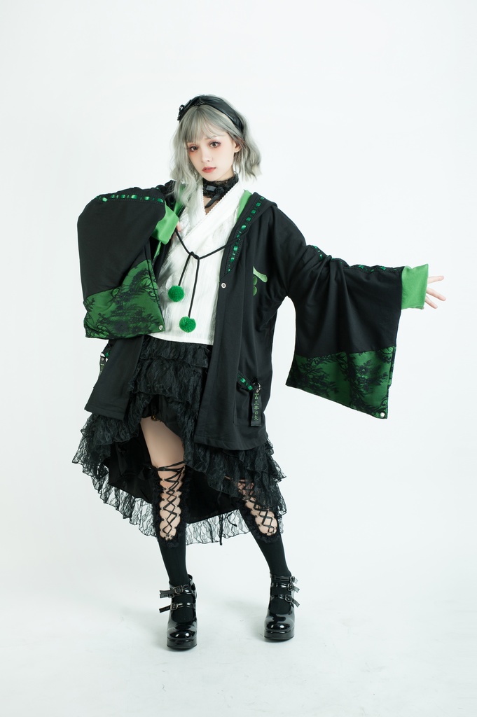 Jillpunk和風モード戦国武将物語 西国の智将 毛利元就 家紋刺繡 花レースキモノスリーブ ウィッチフード ポンポン付き現代羽織 ウィザード 和装ジャケットブレザー オリジナル メンズ レディー V系カッコいい おしゃれ男女兼用ファッション秋葉系