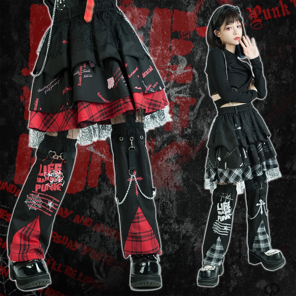 Jillpunkパンク ロック 蜘蛛の巣 メッシュ タータンチェック柄 チェーン付き レッグウォーマーセット パニエ ティアードスカート 地雷系 格闘少女 格闘娘 オリジナル V系 レディース アヴリル系おしゃれカッコいい