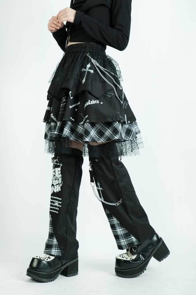 Jillpunkパンク ロック 蜘蛛の巣 メッシュ タータンチェック柄 チェーン付き レッグウォーマーセット パニエ ティアードスカート 地雷系 格闘少女 格闘娘 オリジナル V系 レディース アヴリル系おしゃれカッコいい