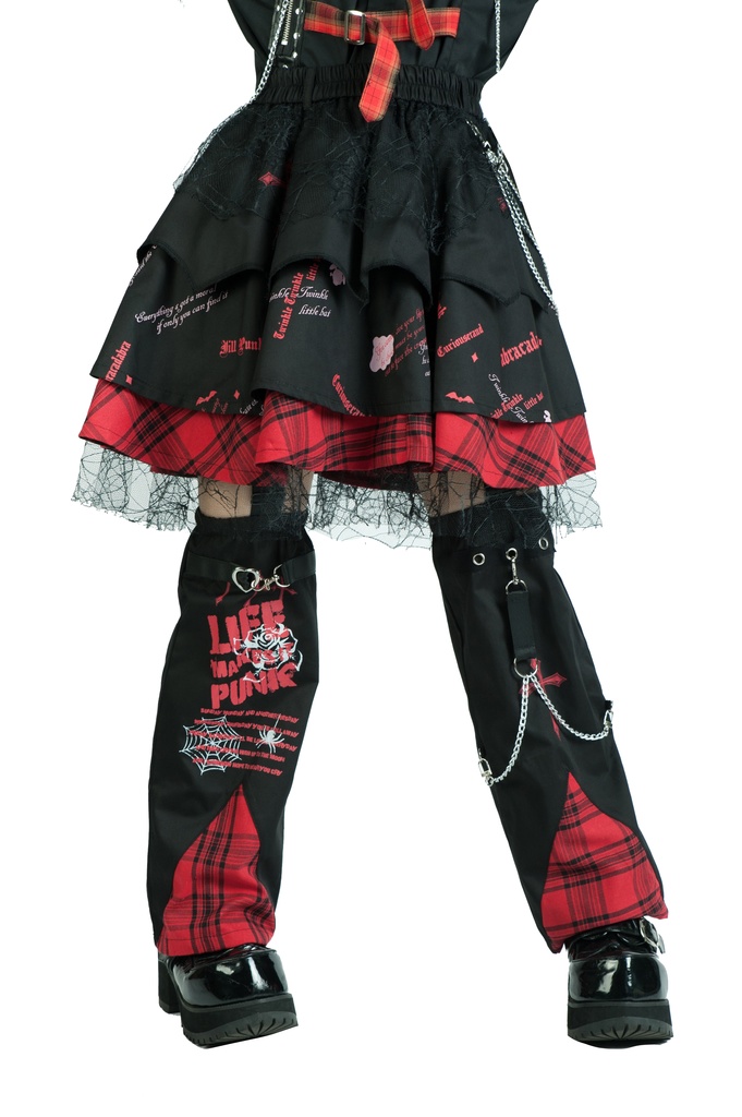 Jillpunkパンク ロック 蜘蛛の巣 メッシュ タータンチェック柄 チェーン付き レッグウォーマーセット パニエ ティアードスカート 地雷系 格闘少女 格闘娘 オリジナル V系 レディース アヴリル系おしゃれカッコいい