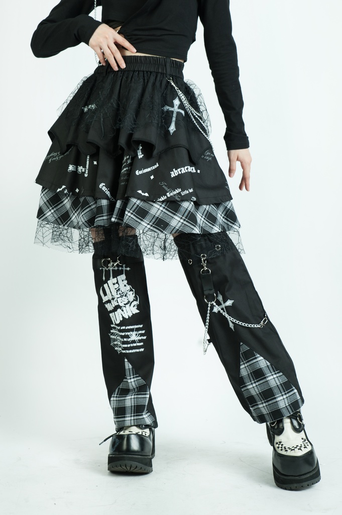 Jillpunkパンク ロック 蜘蛛の巣 メッシュ タータンチェック柄 チェーン付き レッグウォーマーセット パニエ ティアードスカート 地雷系 格闘少女 格闘娘 オリジナル V系 レディース アヴリル系おしゃれカッコいい