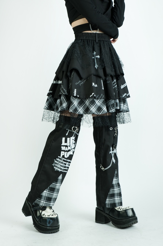 Jillpunkパンク ロック 蜘蛛の巣 メッシュ タータンチェック柄 チェーン付き レッグウォーマーセット パニエ ティアードスカート 地雷系 格闘少女 格闘娘 オリジナル V系 レディース アヴリル系おしゃれカッコいい