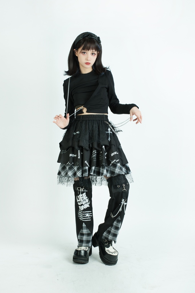 Jillpunkパンク ロック 蜘蛛の巣 メッシュ タータンチェック柄 チェーン付き レッグウォーマーセット パニエ ティアードスカート 地雷系 格闘少女 格闘娘 オリジナル V系 レディース アヴリル系おしゃれカッコいい