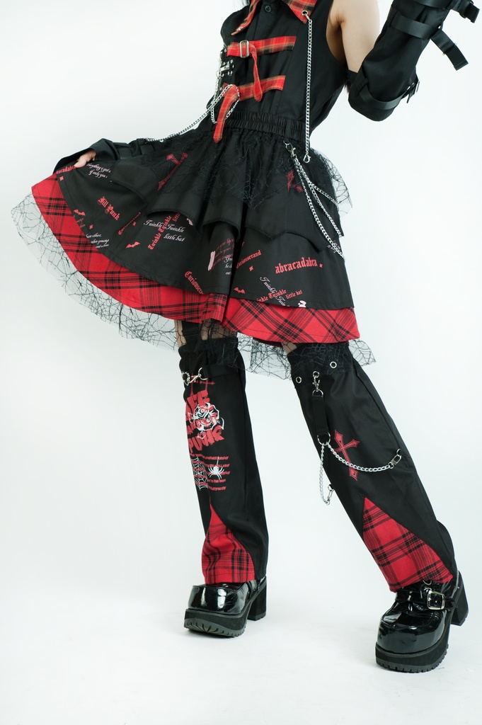 Jillpunkパンク ロック 蜘蛛の巣 メッシュ タータンチェック柄 チェーン付き レッグウォーマーセット パニエ ティアードスカート 地雷系 格闘少女 格闘娘 オリジナル V系 レディース アヴリル系おしゃれカッコいい