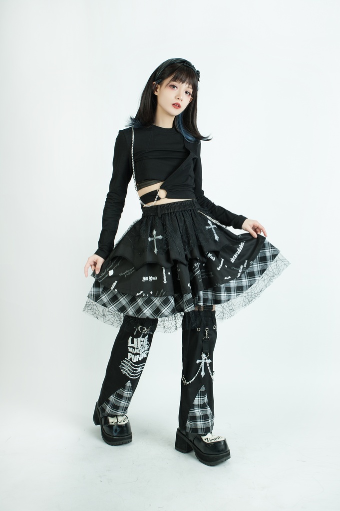 Jillpunkパンク ロック 蜘蛛の巣 メッシュ タータンチェック柄 チェーン付き レッグウォーマーセット パニエ ティアードスカート 地雷系 格闘少女 格闘娘 オリジナル V系 レディース アヴリル系おしゃれカッコいい
