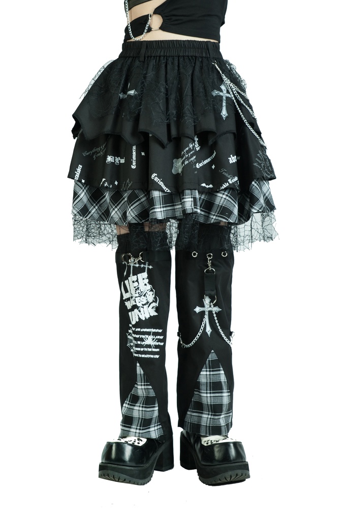 Jillpunkパンク ロック 蜘蛛の巣 メッシュ タータンチェック柄 チェーン付き レッグウォーマーセット パニエ ティアードスカート 地雷系 格闘少女 格闘娘 オリジナル V系 レディース アヴリル系おしゃれカッコいい