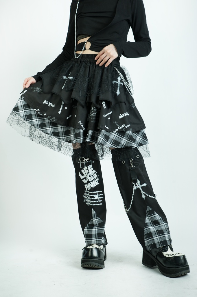 Jillpunkパンク ロック 蜘蛛の巣 メッシュ タータンチェック柄 チェーン付き レッグウォーマーセット パニエ ティアードスカート 地雷系 格闘少女 格闘娘 オリジナル V系 レディース アヴリル系おしゃれカッコいい