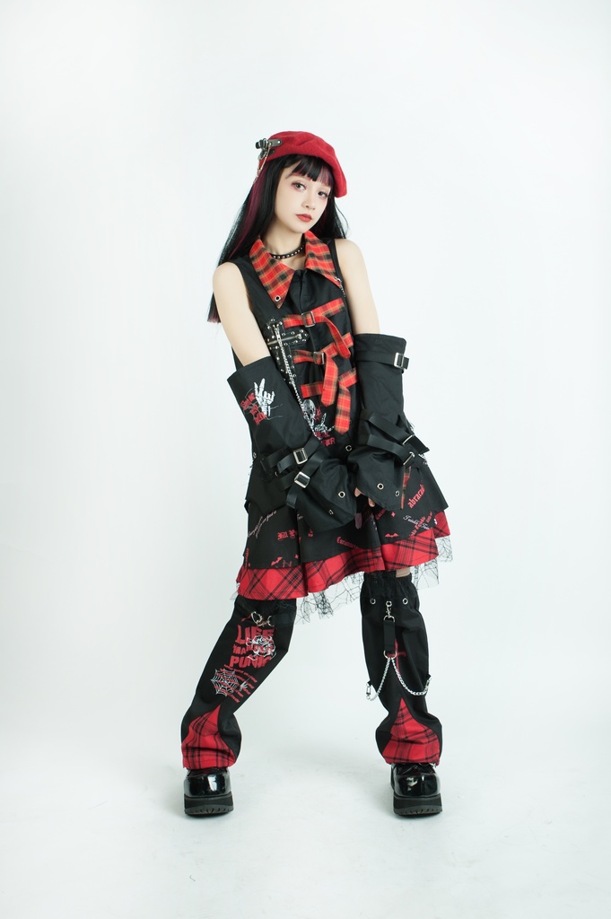 Jillpunkパンク ロック 蜘蛛の巣 メッシュ タータンチェック柄 チェーン付き レッグウォーマーセット パニエ ティアードスカート 地雷系 格闘少女 格闘娘 オリジナル V系 レディース アヴリル系おしゃれカッコいい