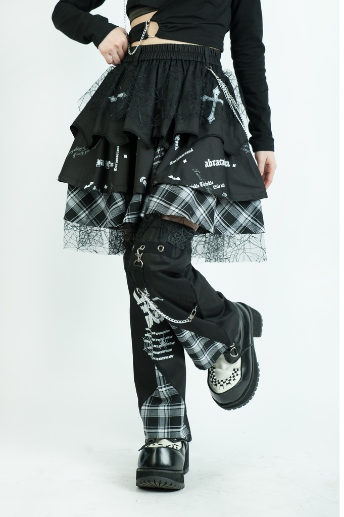 Jillpunkパンク ロック 蜘蛛の巣 メッシュ タータンチェック柄 チェーン付き レッグウォーマーセット パニエ ティアードスカート 地雷系 格闘少女 格闘娘 オリジナル V系 レディース アヴリル系おしゃれカッコいい
