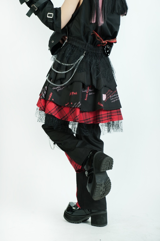 Jillpunkパンク ロック 蜘蛛の巣 メッシュ タータンチェック柄 チェーン付き レッグウォーマーセット パニエ ティアードスカート 地雷系 格闘少女 格闘娘 オリジナル V系 レディース アヴリル系おしゃれカッコいい