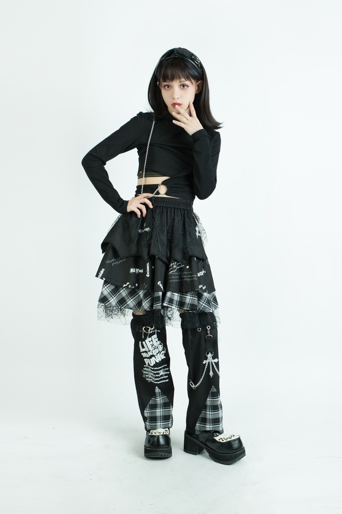 Jillpunkパンク ロック 蜘蛛の巣 メッシュ タータンチェック柄 チェーン付き レッグウォーマーセット パニエ ティアードスカート 地雷系 格闘少女 格闘娘 オリジナル V系 レディース アヴリル系おしゃれカッコいい