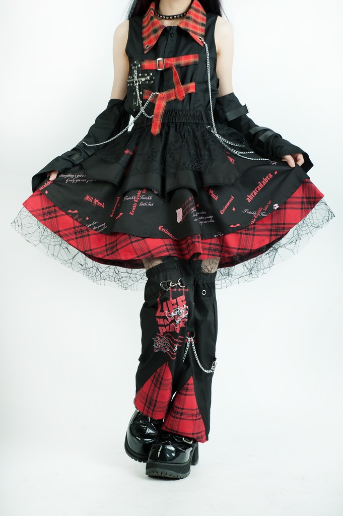 Jillpunkパンク ロック 蜘蛛の巣 メッシュ タータンチェック柄 チェーン付き レッグウォーマーセット パニエ ティアードスカート 地雷系 格闘少女 格闘娘 オリジナル V系 レディース アヴリル系おしゃれカッコいい