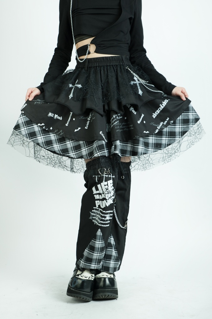 Jillpunkパンク ロック 蜘蛛の巣 メッシュ タータンチェック柄 チェーン付き レッグウォーマーセット パニエ ティアードスカート 地雷系 格闘少女 格闘娘 オリジナル V系 レディース アヴリル系おしゃれカッコいい