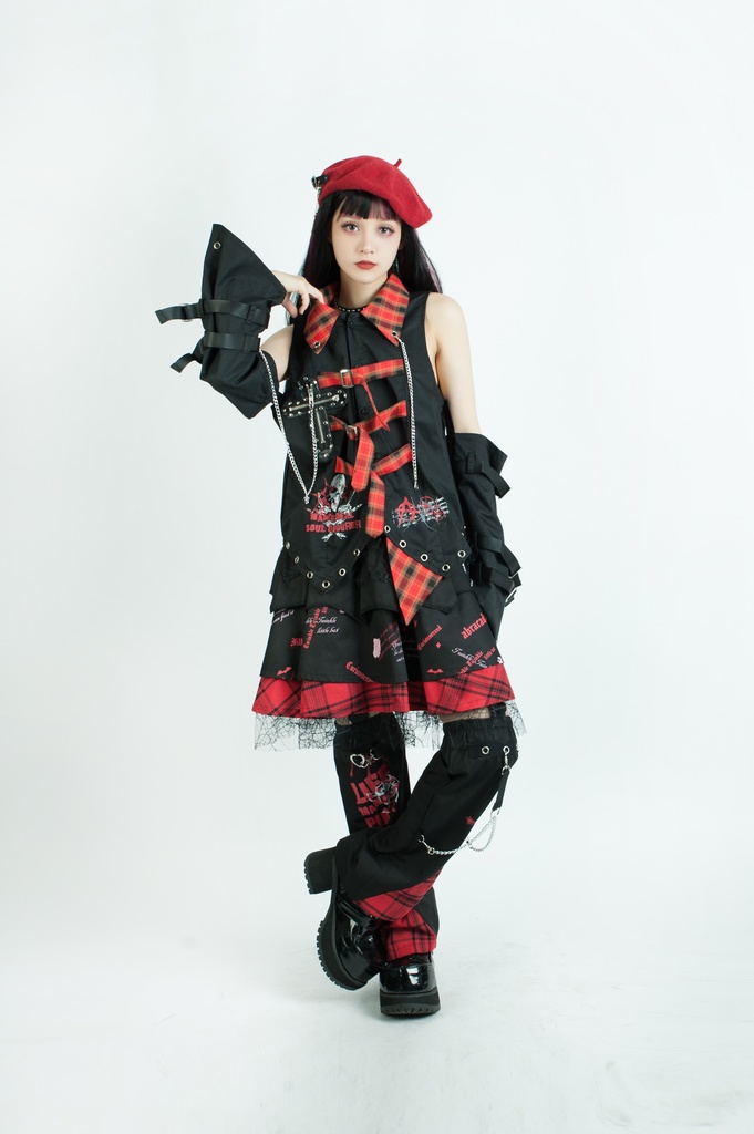 Jillpunkパンク ロック 蜘蛛の巣 メッシュ タータンチェック柄 チェーン付き レッグウォーマーセット パニエ ティアードスカート 地雷系 格闘少女 格闘娘 オリジナル V系 レディース アヴリル系おしゃれカッコいい