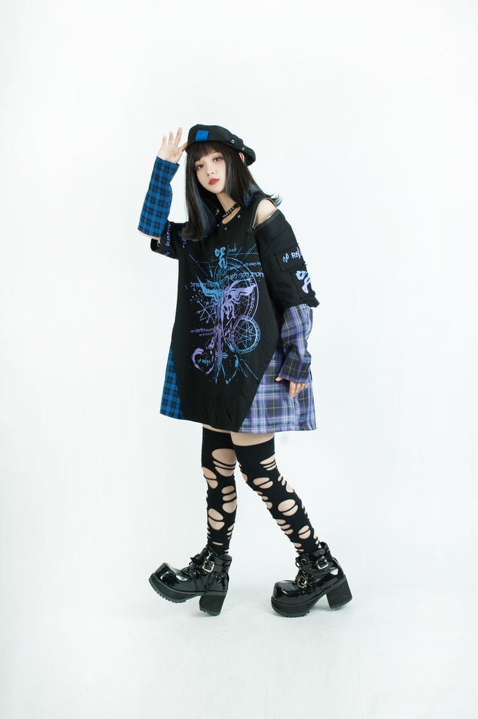 Jillpunkパンク ロック 妖艶風 呪蝶夢幻 グラデーション色 タータンチェック柄 オフショルダー ゆったり アームカバー付き 半袖tシャツ カットソー メンズ レディー V系 おしゃれ 男女兼用ファッション秋葉系カッコいい